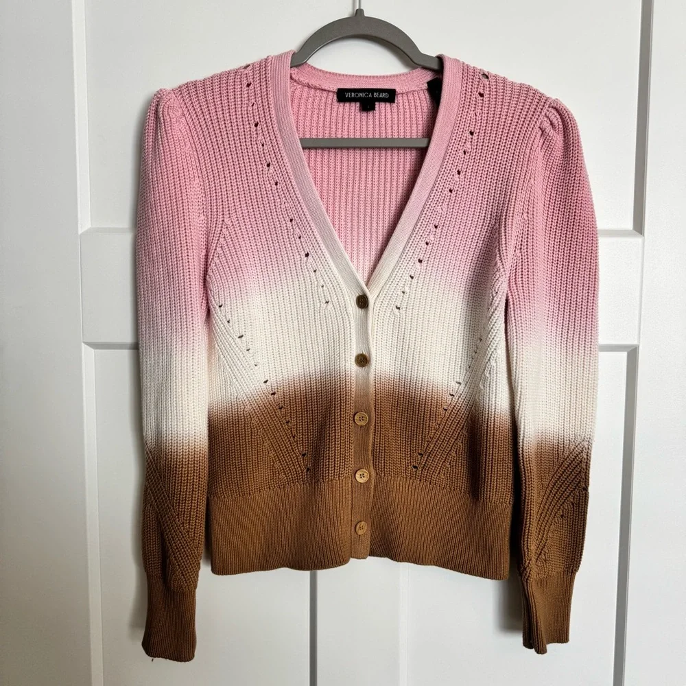 Veronica Beard Parula Dip Dye Cotton Pink Cream Tan Cardigan Sweater Size Small